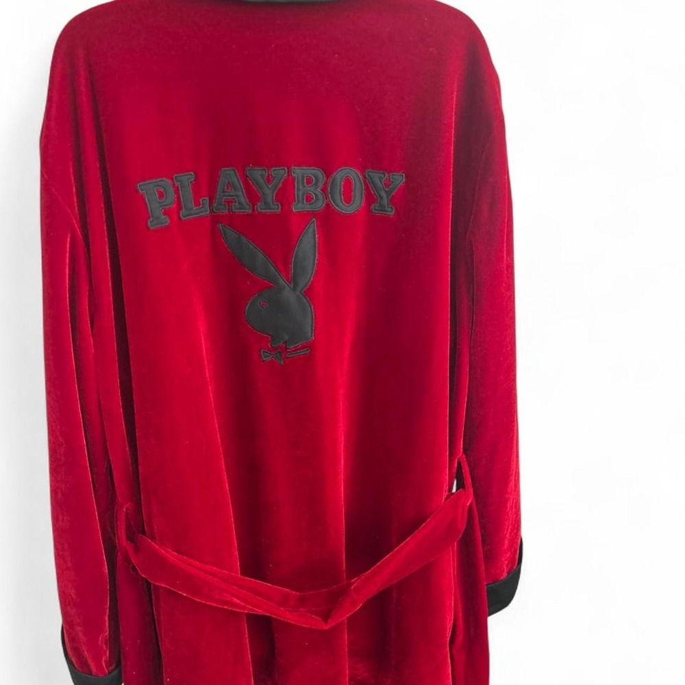 Vintage 2006 Red Playboy velvet robe with black trim and black Playboy bunny